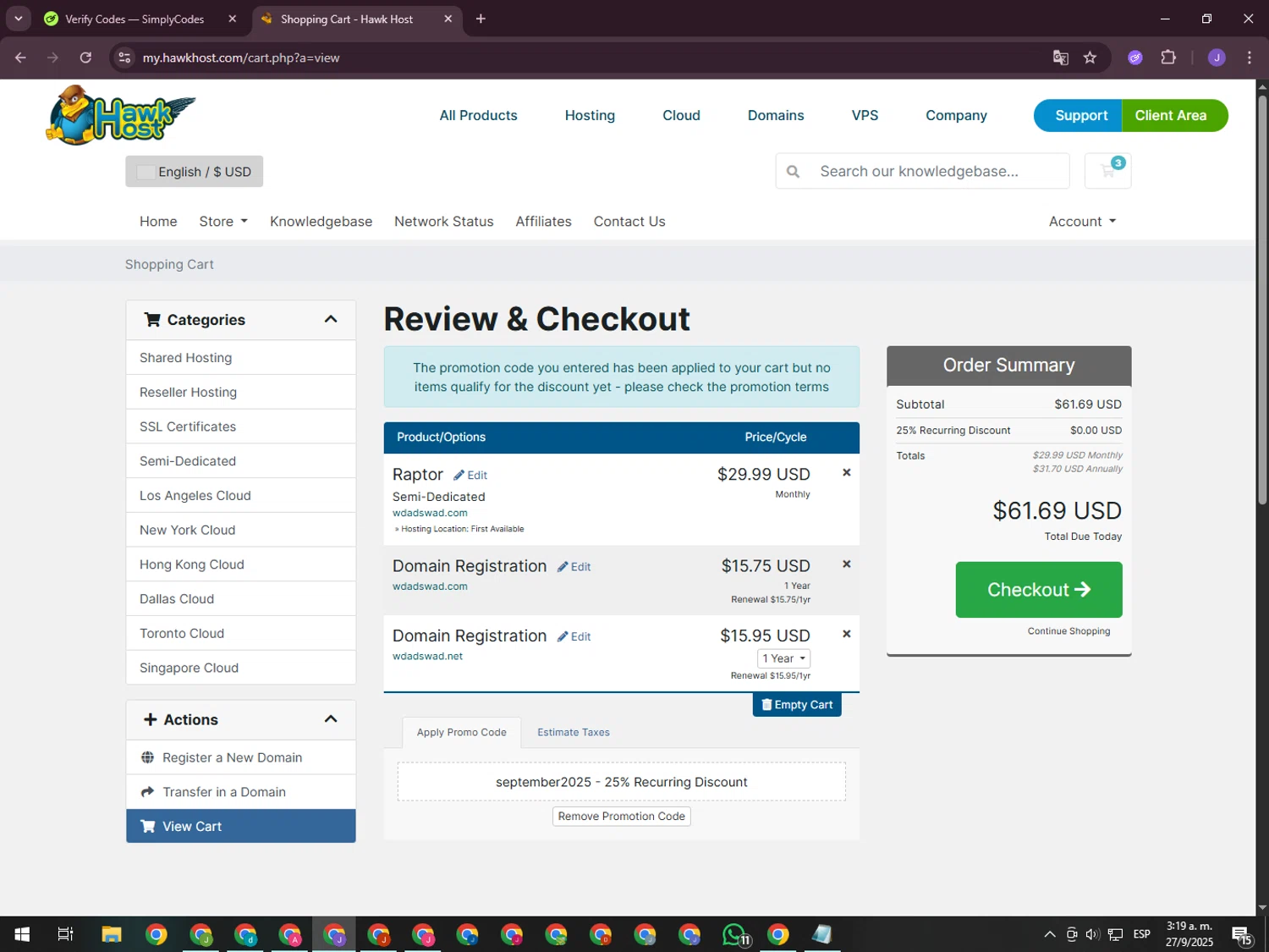Hawk Host checkout page showing Hawk Host promo code box | Screenshot taken by SimplyCodes community member on Sep 27, 2025