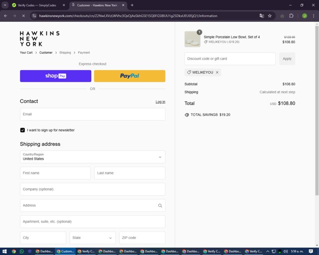 Hawkins New York checkout page showing Hawkins New York discount code box | Screenshot taken by SimplyCodes community member on Jan 13, 2025