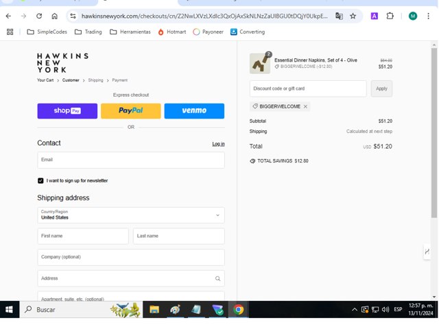 Hawkins New York checkout page showing Hawkins New York discount code box | Screenshot taken by SimplyCodes community member on Nov 13, 2024