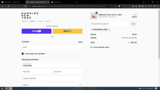 Hawkins New York checkout page showing Hawkins New York discount code box | Screenshot taken by SimplyCodes community member on Dec 12, 2024