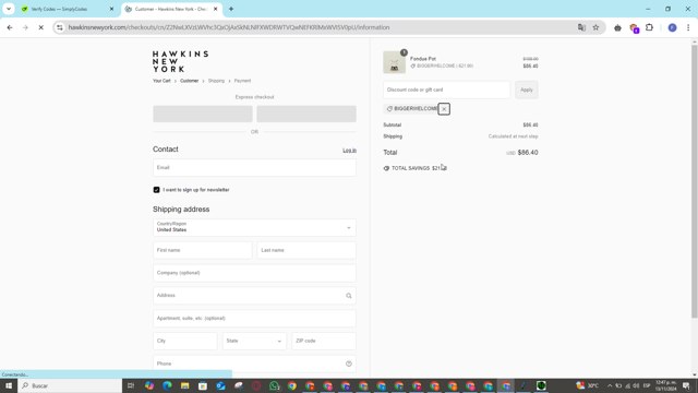 Hawkins New York checkout page showing Hawkins New York discount code box | Screenshot taken by SimplyCodes community member on Nov 13, 2024