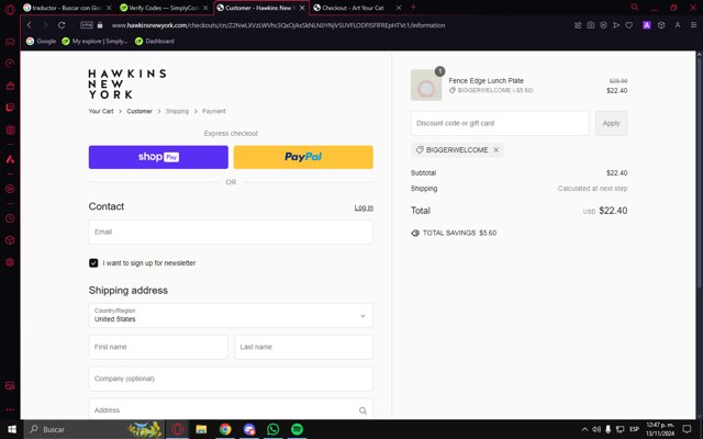 Hawkins New York checkout page showing Hawkins New York discount code box | Screenshot taken by SimplyCodes community member on Nov 13, 2024