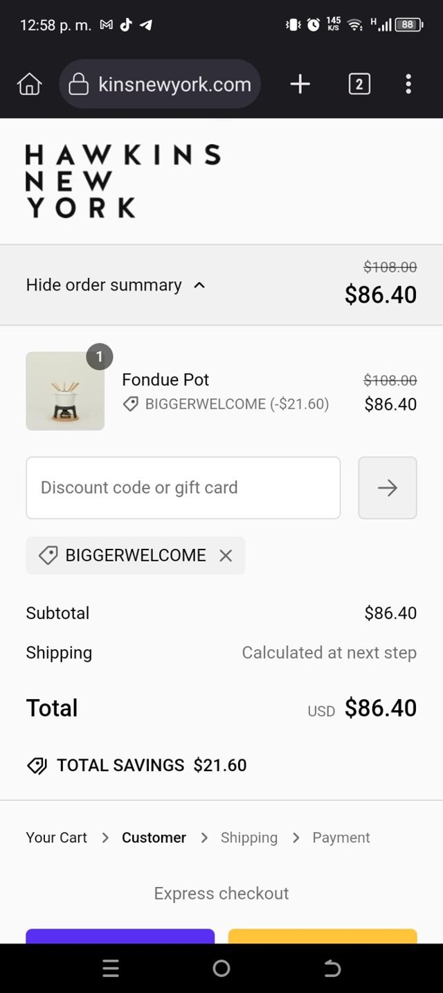 Hawkins New York checkout page showing Hawkins New York discount code box | Screenshot taken by SimplyCodes community member on Nov 13, 2024