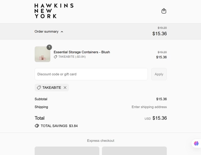 Hawkins New York checkout page showing Hawkins New York discount code box | Screenshot taken by SimplyCodes community member on Jul 2, 2025