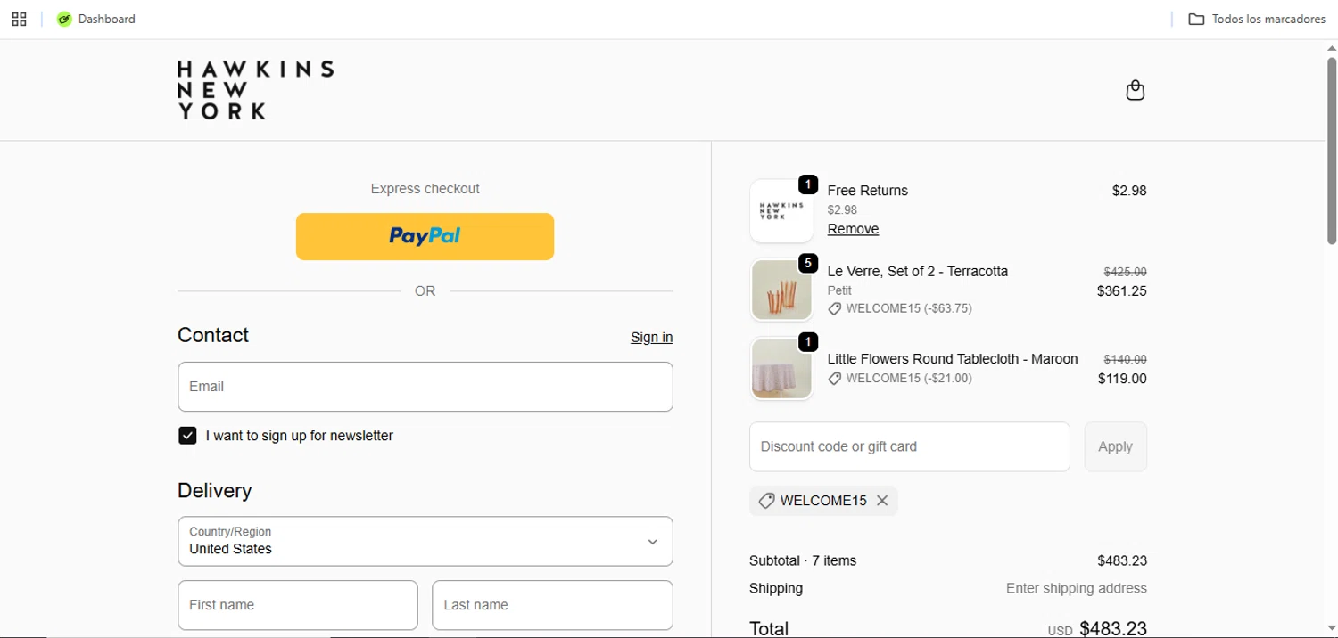 Hawkins New York promo code screenshot showing code WELCOME15 applied at Hawkins New York checkout page. Uploaded by SimplyCodes community member Speedy on Jun 2, 2026