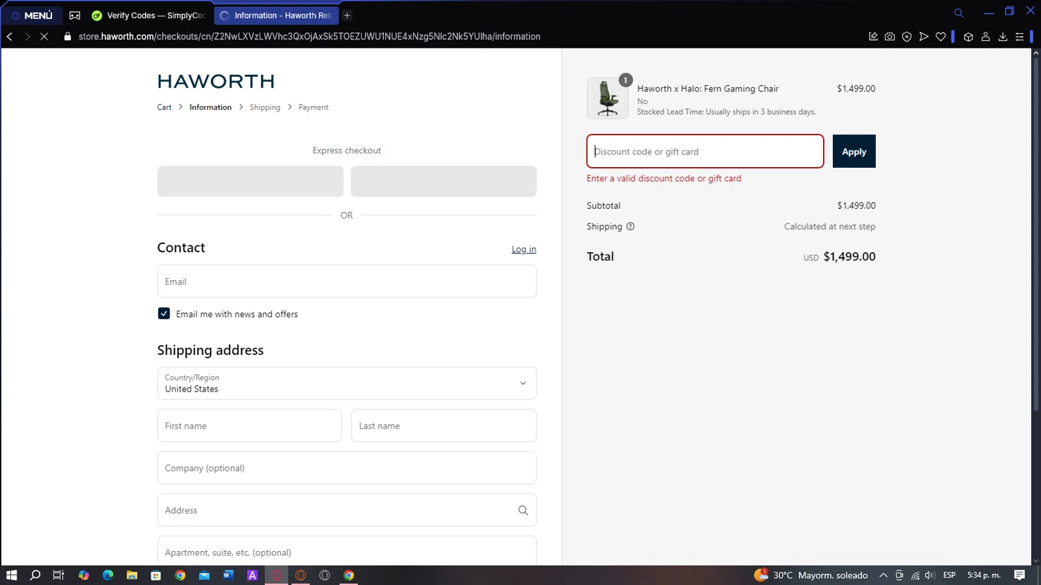 Haworth Store promo code screenshot showing code NEW10 applied at Haworth Store checkout page. Uploaded by SimplyCodes community member BATMANJA on Mar 7, 2025