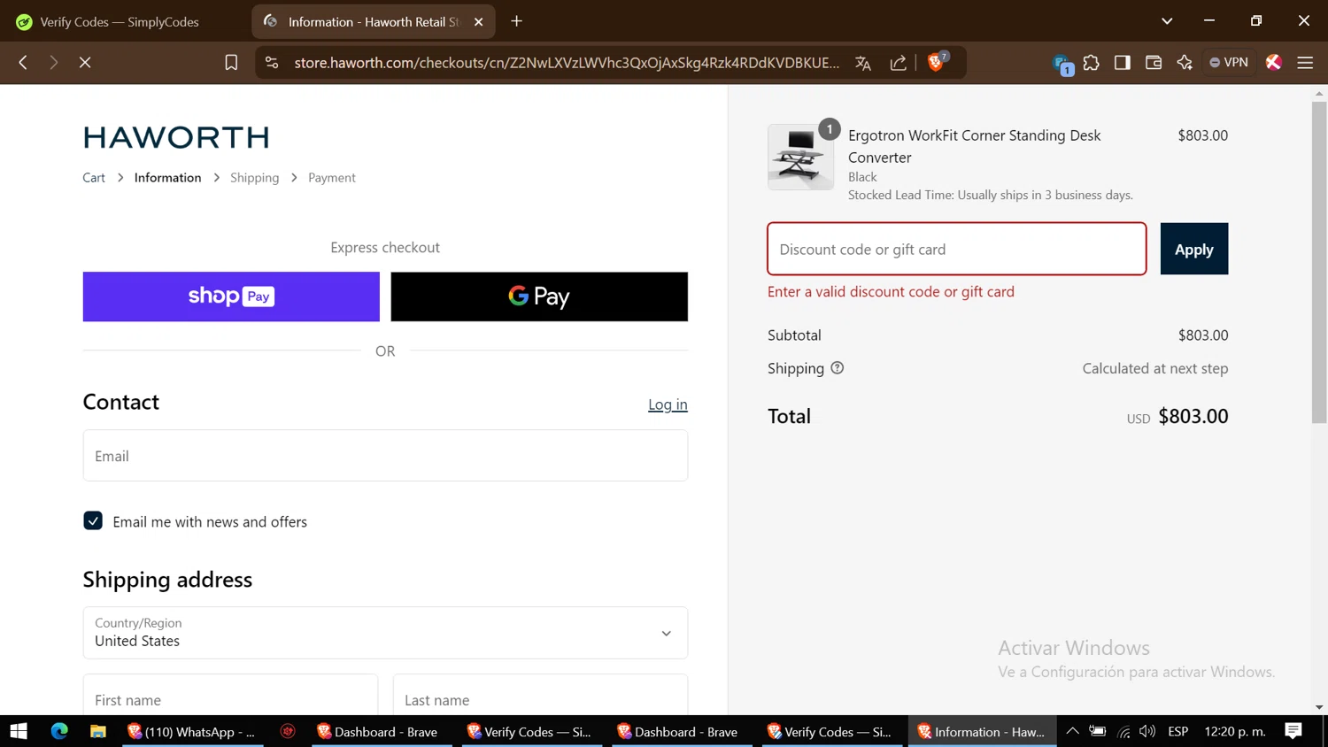 Haworth Store promo code screenshot showing code SPRING10 applied at Haworth Store checkout page. Uploaded by SimplyCodes community member ThriftyGenius6699 on Jan 10, 2025