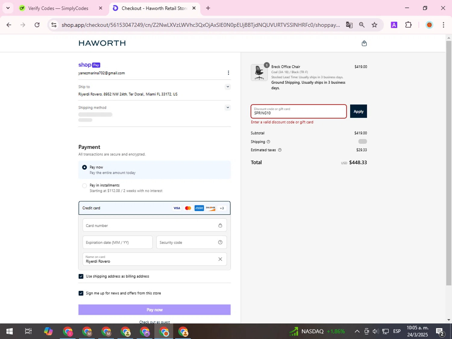 Haworth Store promo code screenshot showing code SPRING10 applied at Haworth Store checkout page. Uploaded by SimplyCodes community member ShieldDefender9117 on Mar 24, 2025