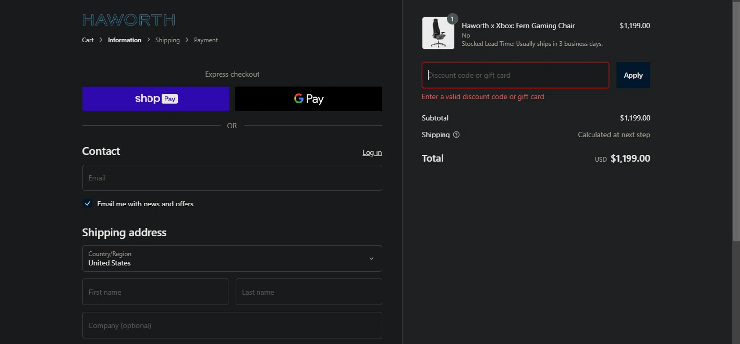 Haworth Store promo code screenshot showing code FANFEST25 applied at Haworth Store checkout page. Uploaded by SimplyCodes community member Pollofrito on Feb 9, 2025