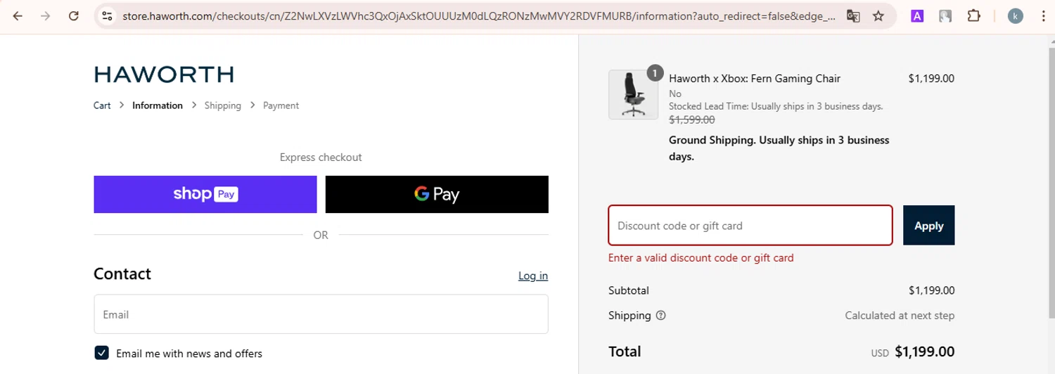 Haworth Store promo code screenshot showing code FANFEST25 applied at Haworth Store checkout page. Uploaded by SimplyCodes community member FortunateMaven6799 on Feb 9, 2025