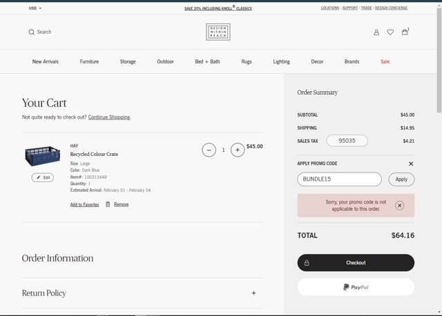 HAY checkout page showing HAY promo code box | Screenshot taken by SimplyCodes community member on Jan 16, 2025
