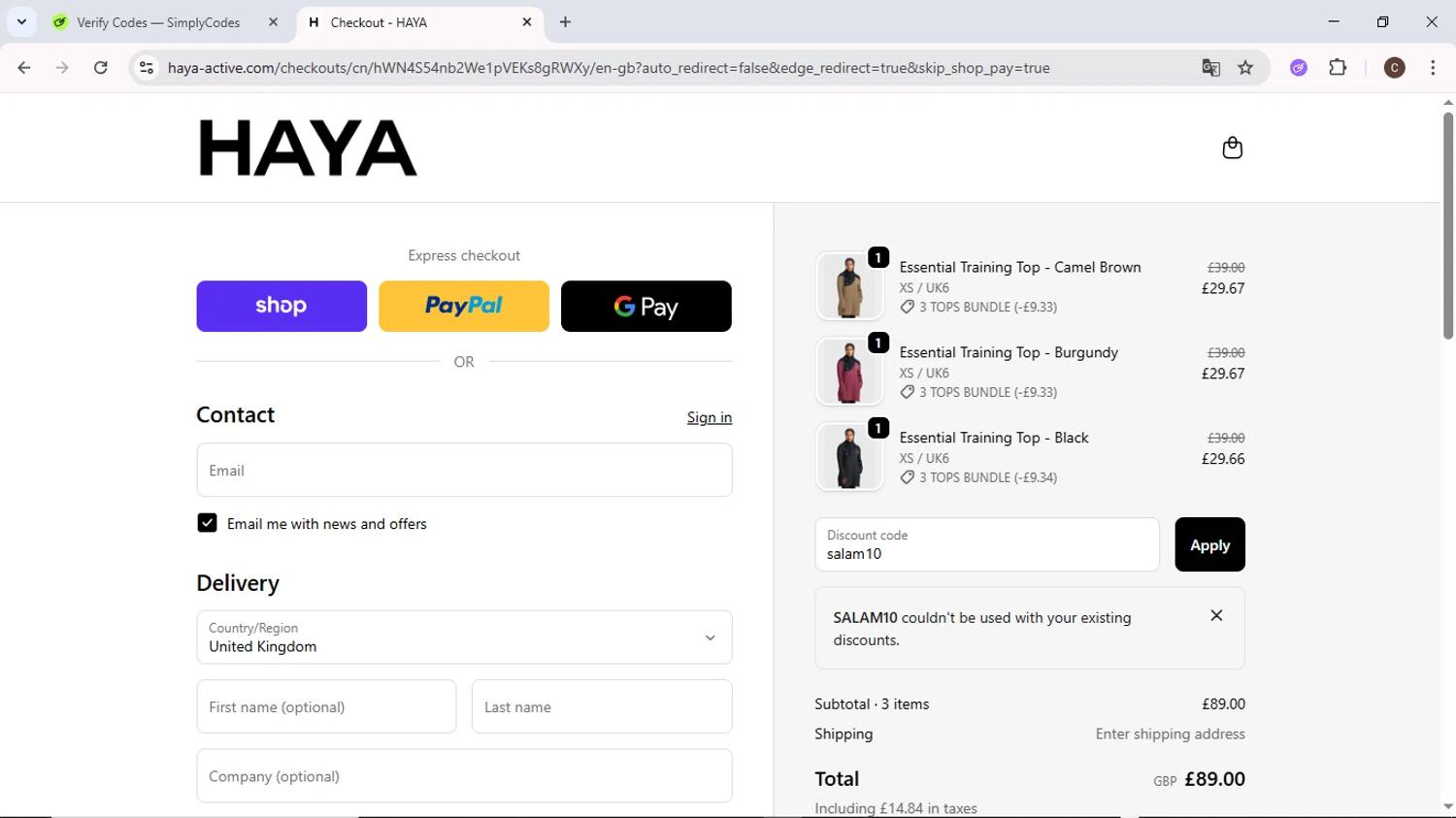 HAYA checkout page showing HAYA discount code box | Screenshot taken by SimplyCodes community member on Oct 23, 2025