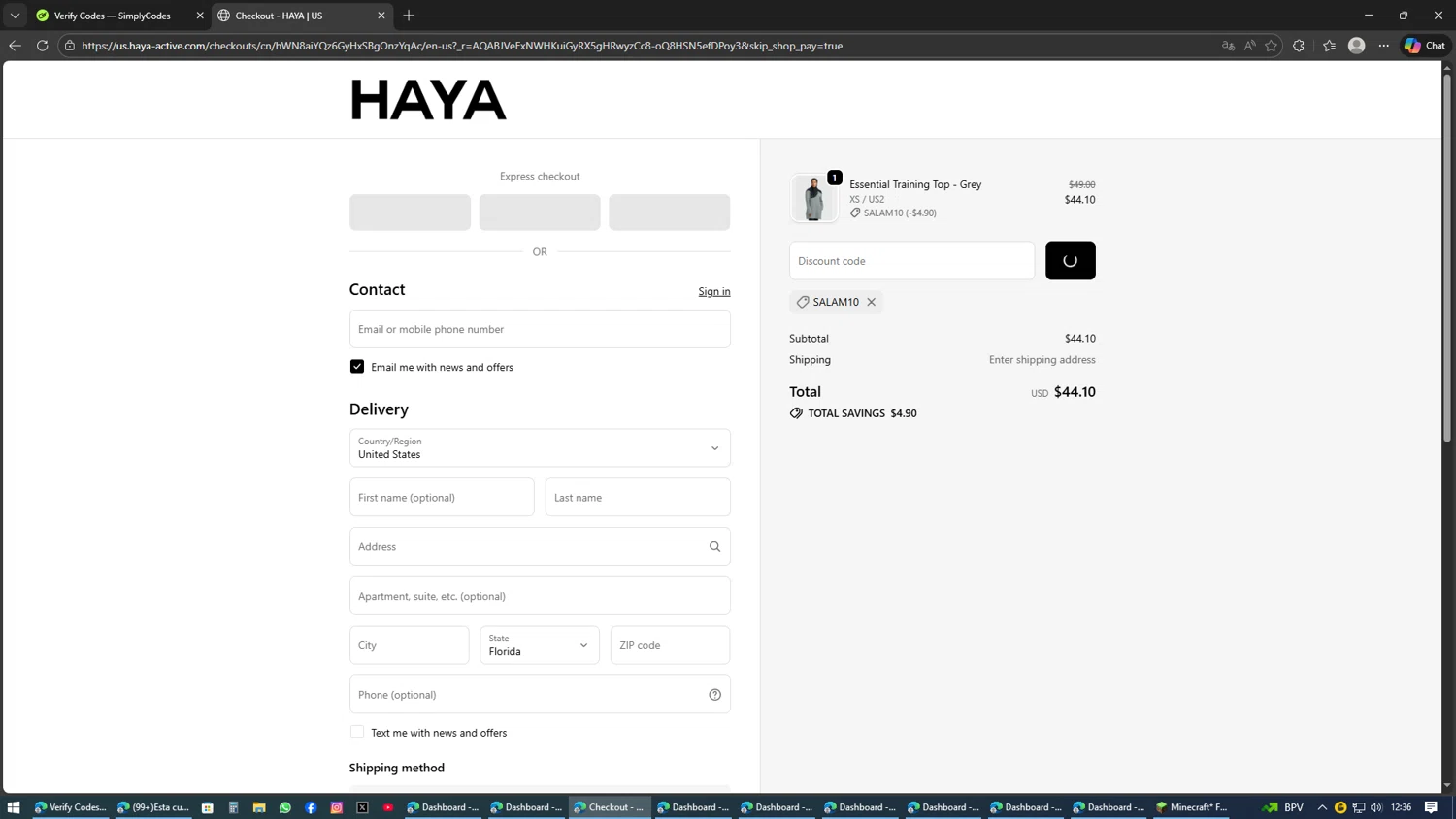 HAYA discount code screenshot showing code salam10 applied at HAYA checkout page. Uploaded by SimplyCodes community member SAKURA on Feb 9, 2026