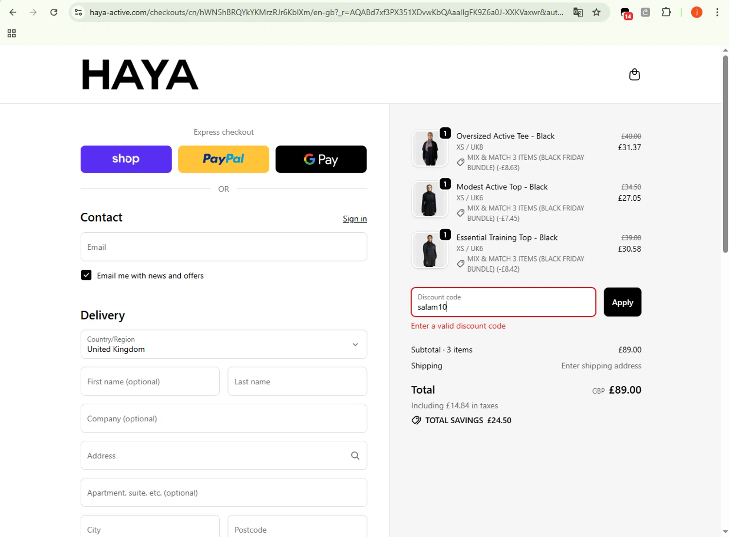 HAYA discount code screenshot showing code salam10 applied at HAYA checkout page. Uploaded by SimplyCodes community member WonderSpotter5339 on Nov 25, 2025