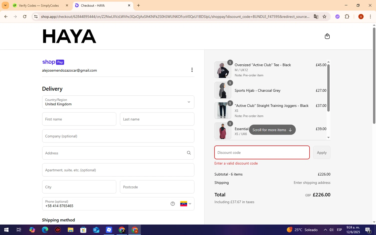 HAYA discount code screenshot showing code eid20 applied at HAYA checkout page. Uploaded by SimplyCodes community member CryBabyy on Jun 12, 2025