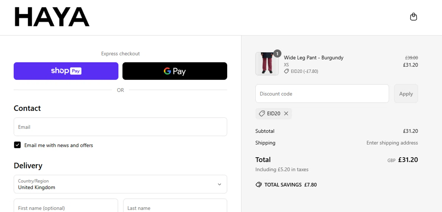HAYA discount code screenshot showing code eid20 applied at HAYA checkout page. Uploaded by SimplyCodes community member aumentadax10 on Jun 8, 2025