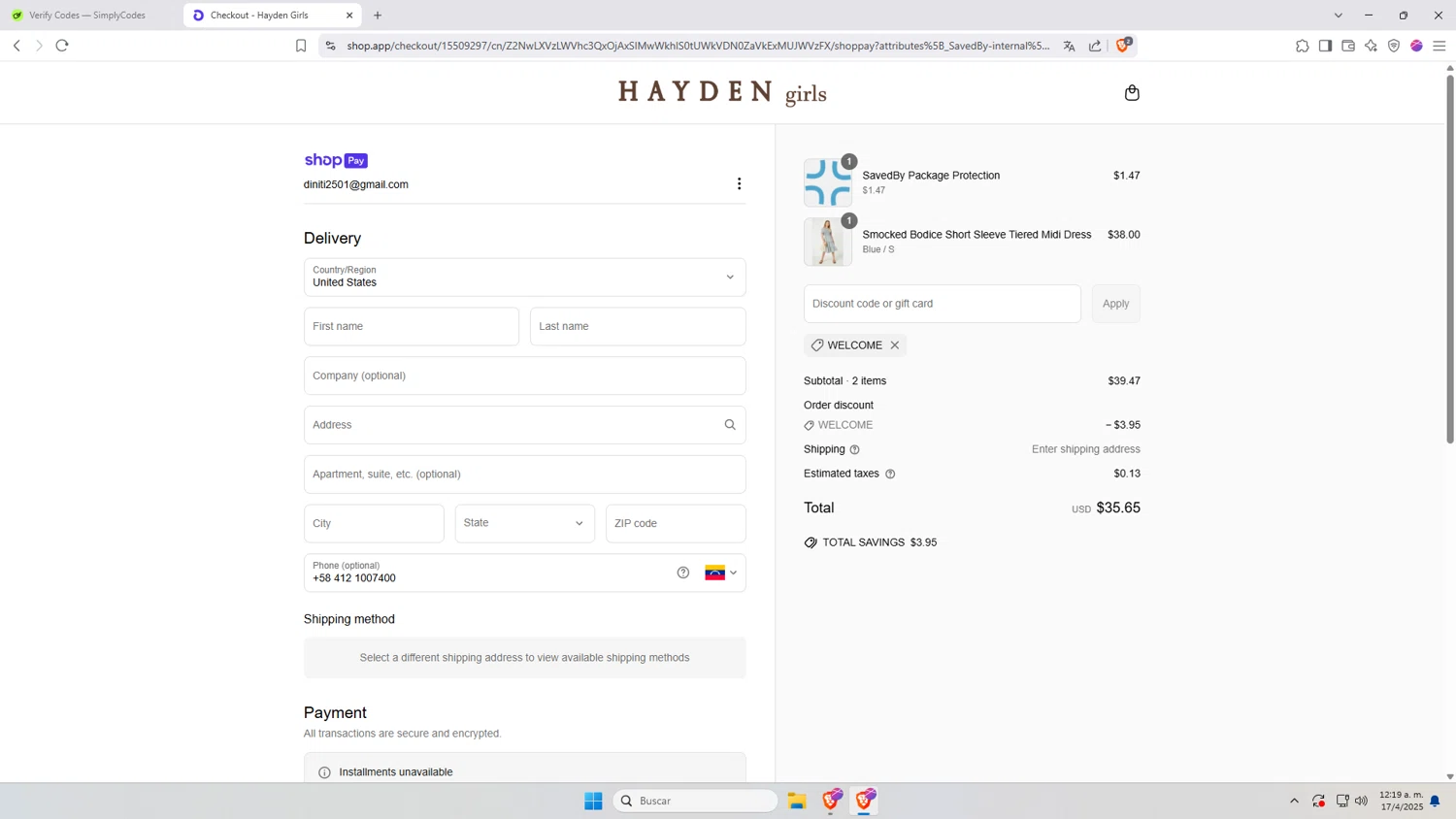 Hayden Girls promo code screenshot showing code WELCOME applied at Hayden Girls checkout page. Uploaded by SimplyCodes community member Hasta_El_Final on Apr 17, 2025