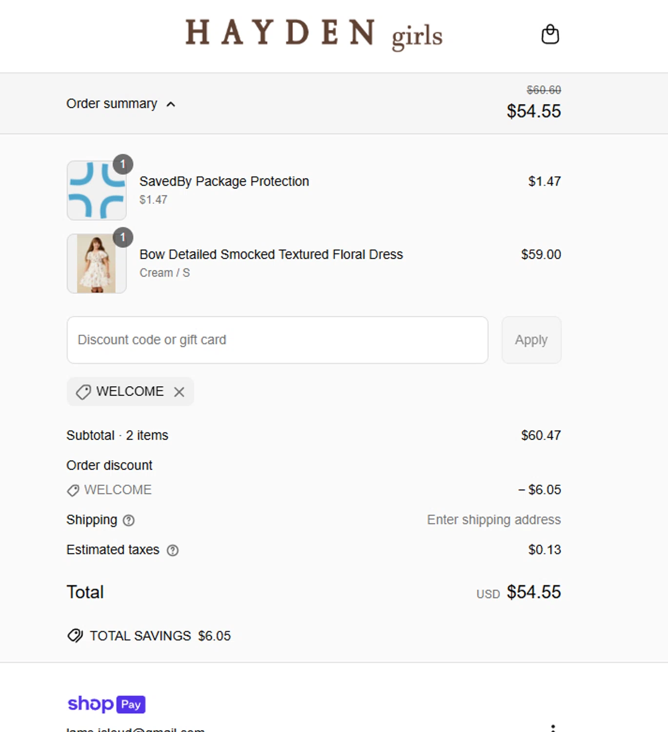 Hayden Girls promo code screenshot showing code WELCOME applied at Hayden Girls checkout page. Uploaded by SimplyCodes community member Luis_Marin on Apr 17, 2025