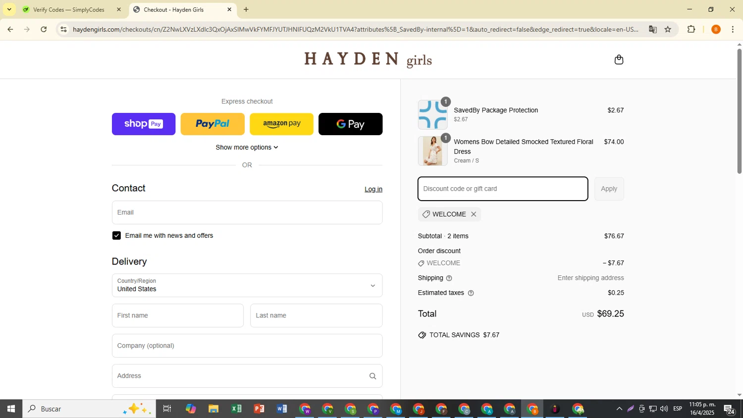 Hayden Girls promo code screenshot showing code WELCOME applied at Hayden Girls checkout page. Uploaded by SimplyCodes community member TreasureWarden2401 on Apr 17, 2025
