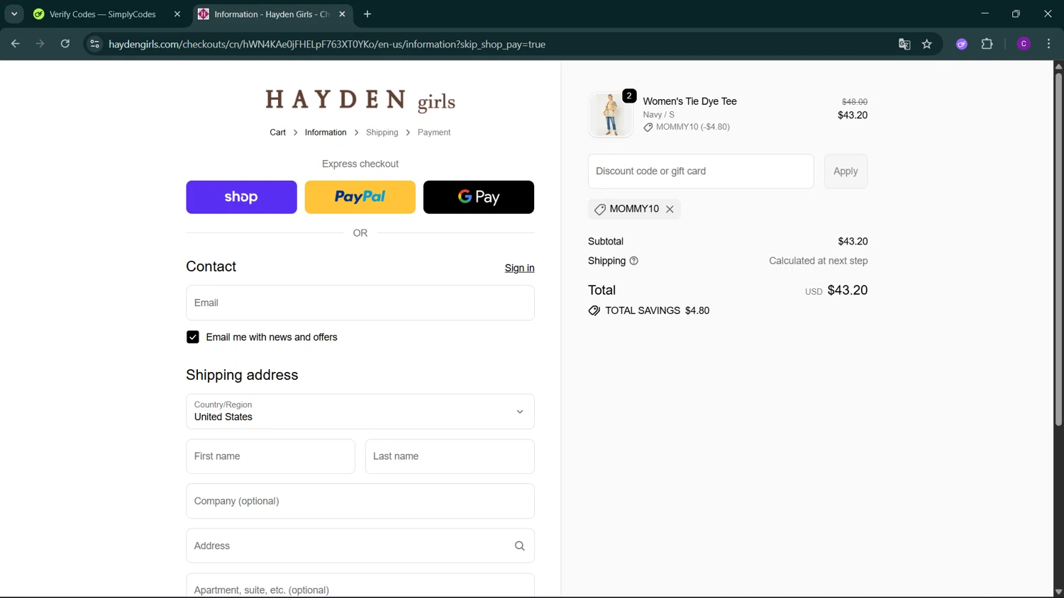 Hayden Girls promo code screenshot showing code MOMMY10 applied at Hayden Girls checkout page. Uploaded by SimplyCodes community member GoldSeeker3096 on Oct 20, 2025