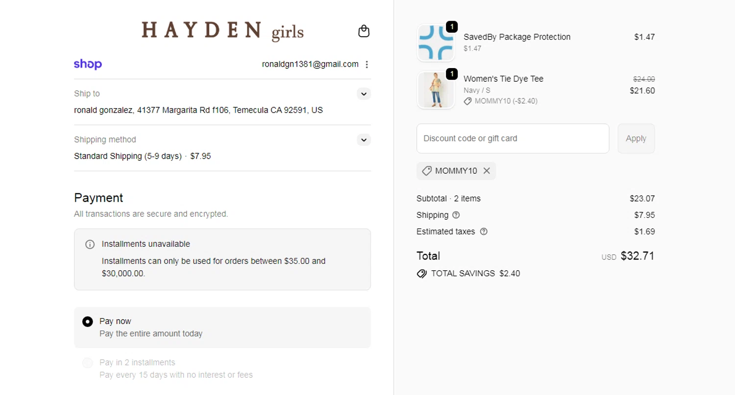 Hayden Girls checkout page showing Hayden Girls promo code box | Screenshot taken by SimplyCodes community member on Feb 10, 2026