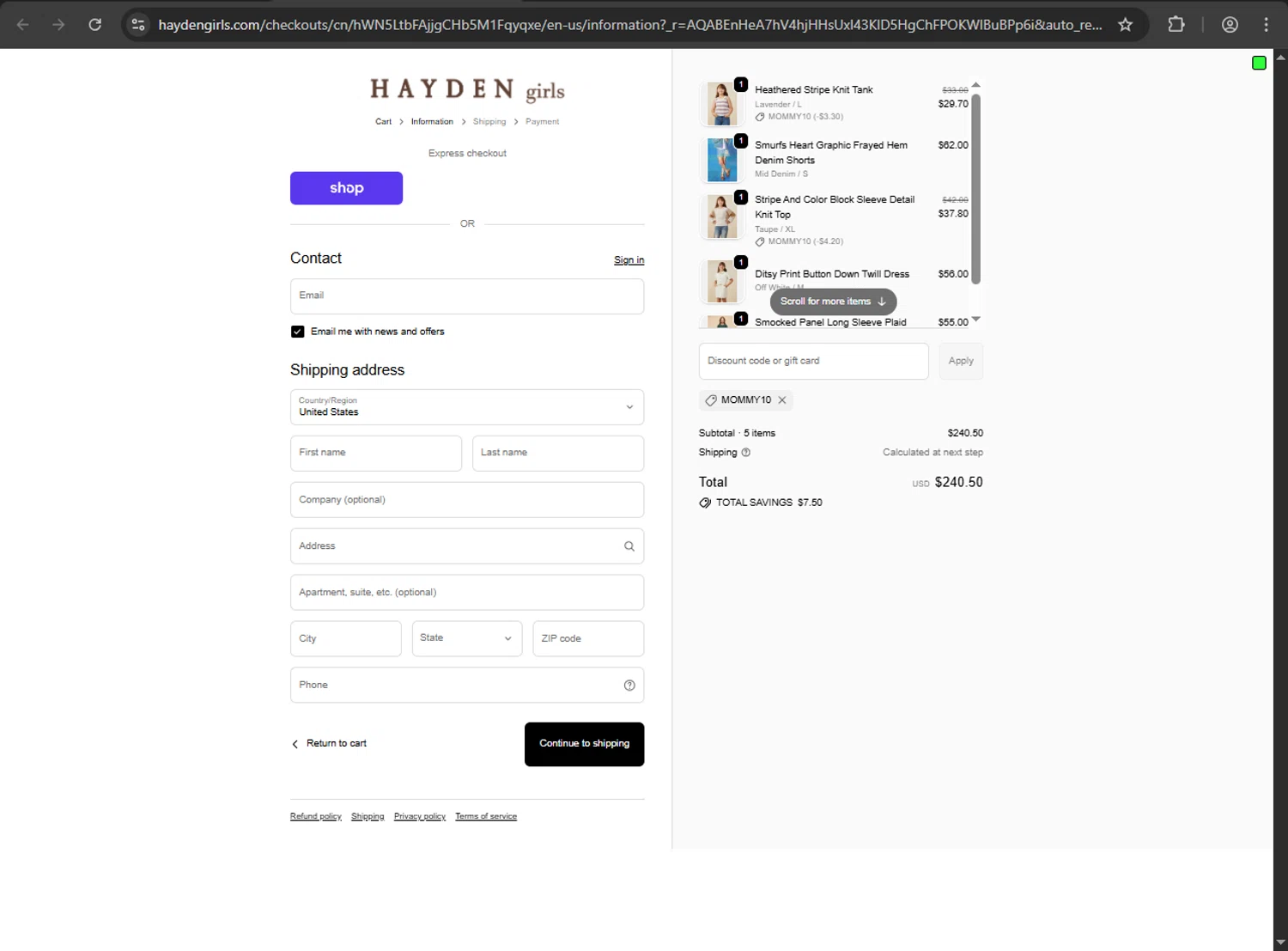 Hayden Girls promo code screenshot showing code MOMMY10 applied at Hayden Girls checkout page. Uploaded by SimplyCodes community member fiadaz on Nov 16, 2025