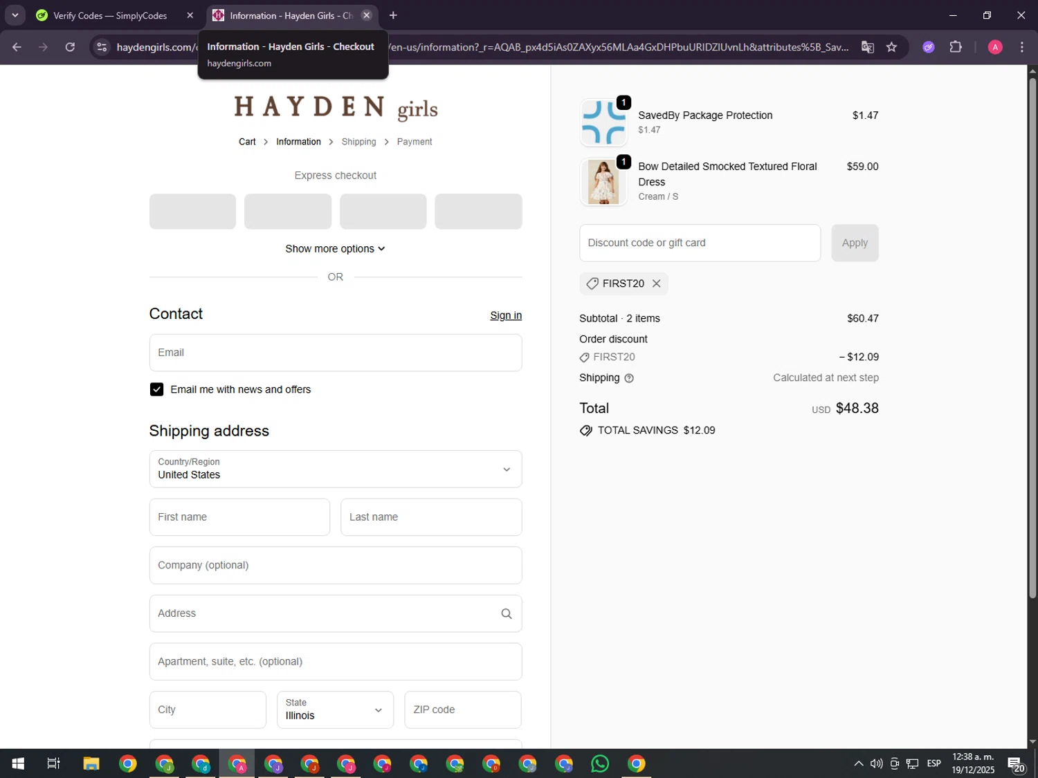 Hayden Girls promo code screenshot showing code FIRST20 applied at Hayden Girls checkout page. Uploaded by SimplyCodes community member CrownHawk3462 on Dec 19, 2025