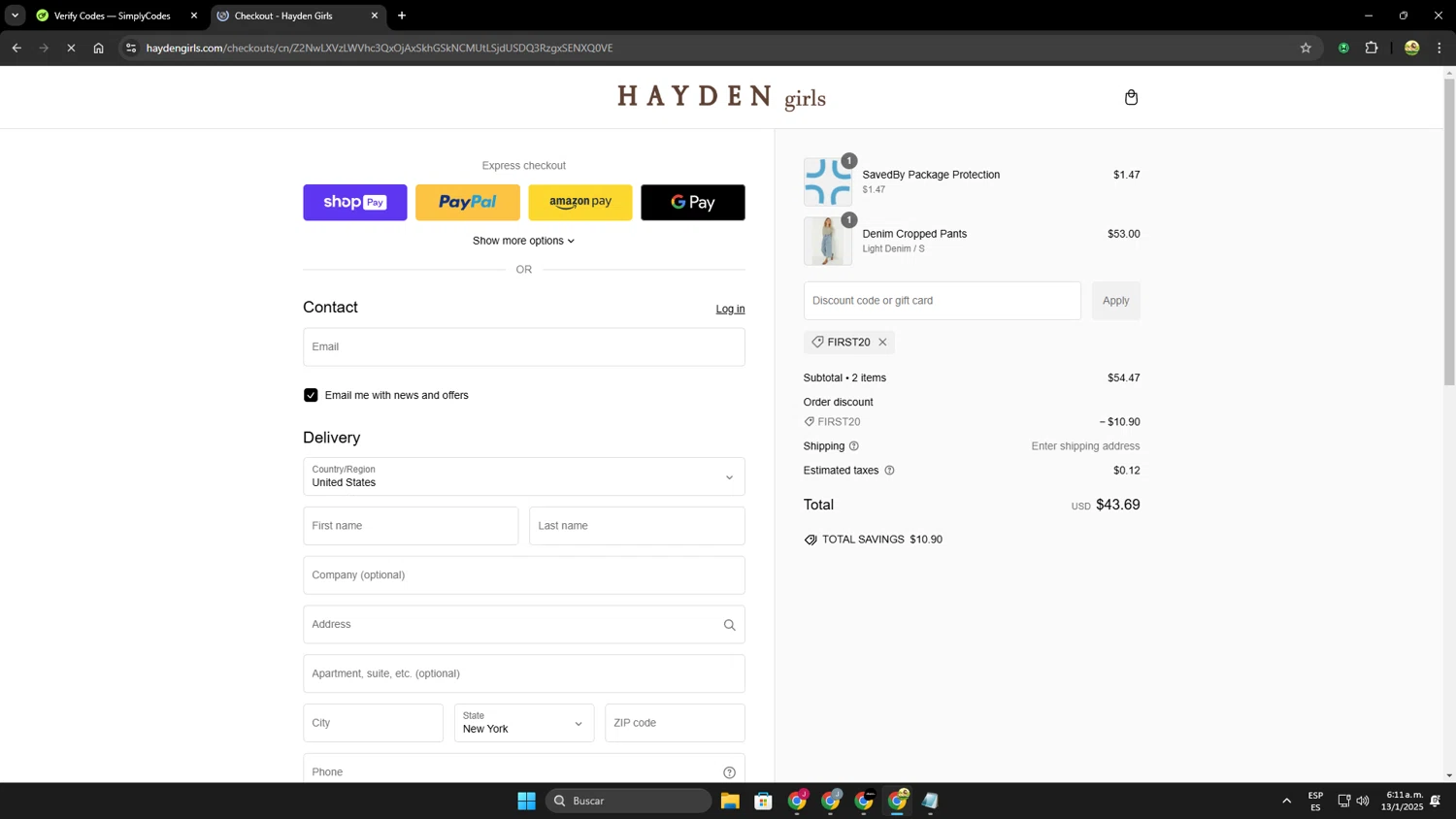 Hayden Girls promo code screenshot showing code FIRST20 applied at Hayden Girls checkout page. Uploaded by SimplyCodes community member Leoncio on Jan 13, 2025