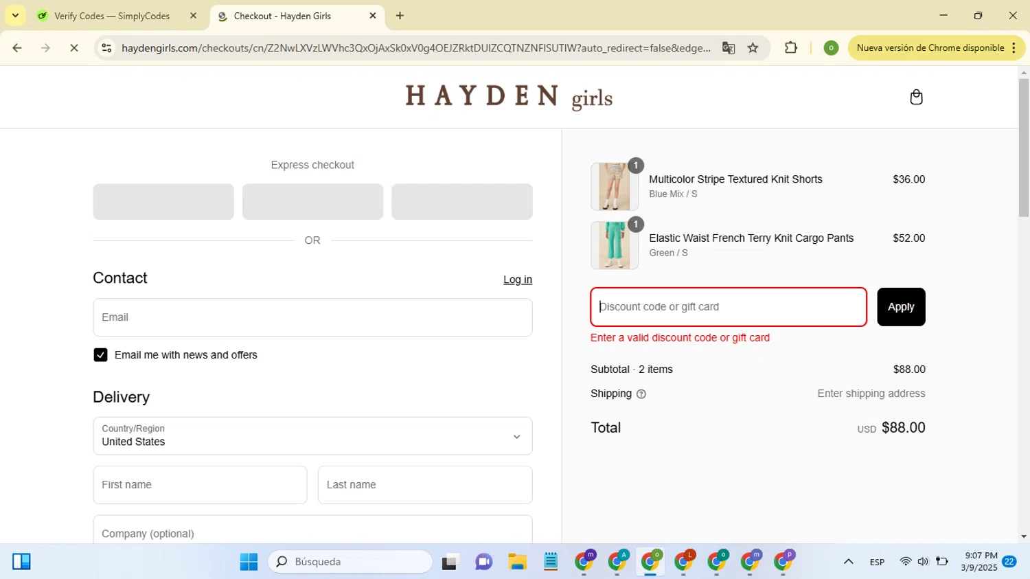 Hayden Girls promo code screenshot showing code WSTBN59RTC applied at Hayden Girls checkout page. Uploaded by SimplyCodes community member PromoGenius3622 on Mar 10, 2025
