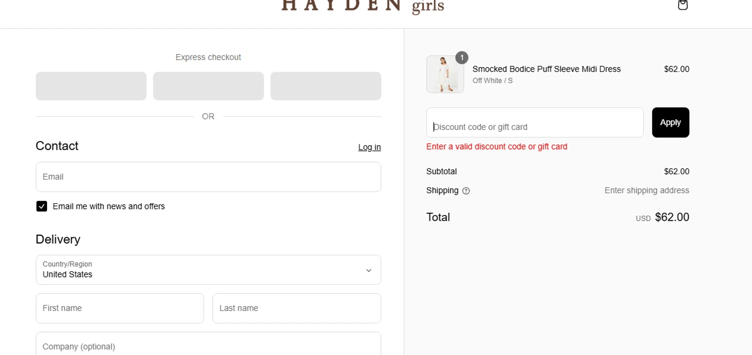 Hayden Girls promo code screenshot showing code WSTBN59RTC applied at Hayden Girls checkout page. Uploaded by SimplyCodes community member SavvyLegend1586 on Mar 9, 2025