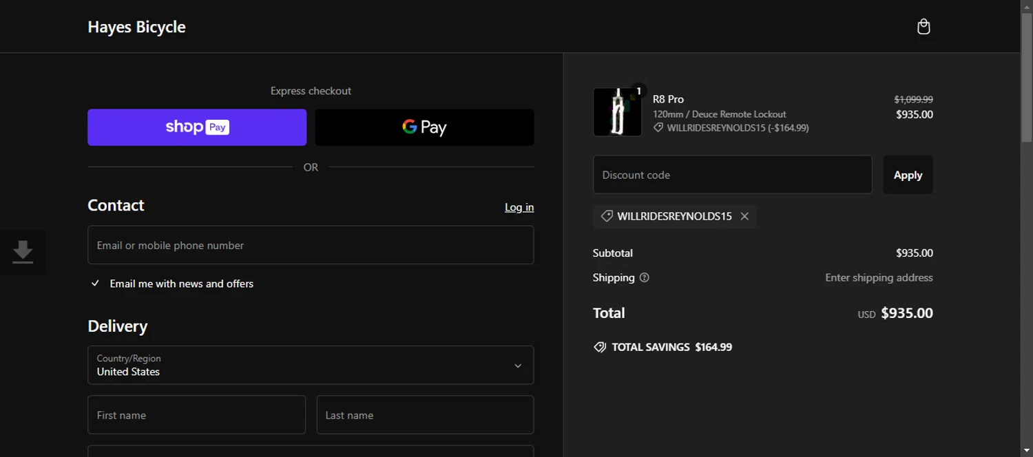 Hayes discount code screenshot showing code WILLRIDESREYNOLDS15 applied at Hayes checkout page. Uploaded by SimplyCodes community member 111111 on Feb 26, 2025