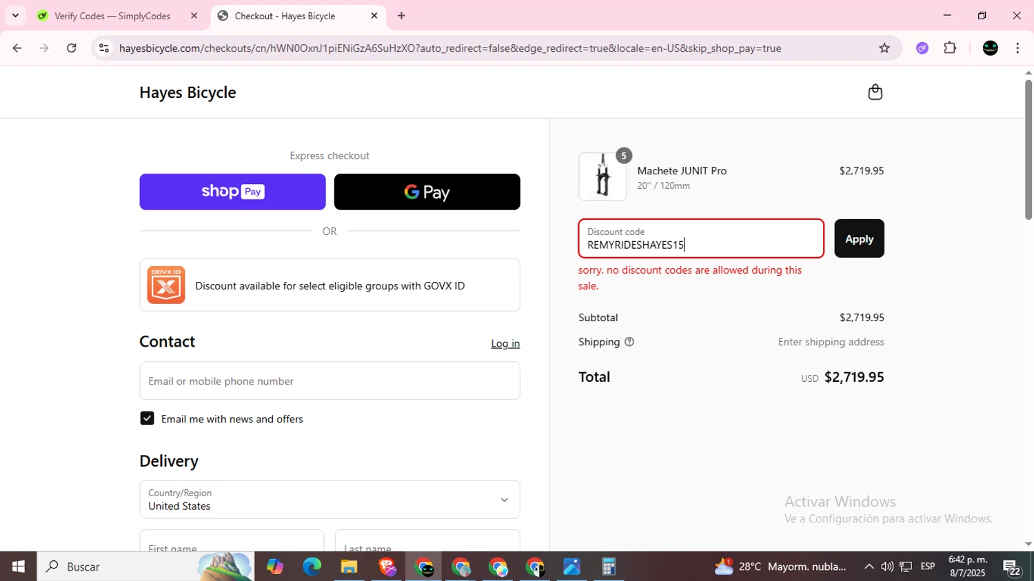 Hayes discount code screenshot showing code REMYRIDESHAYES15 applied at Hayes checkout page. Uploaded by SimplyCodes community member BargainWizard5755 on Jul 8, 2025