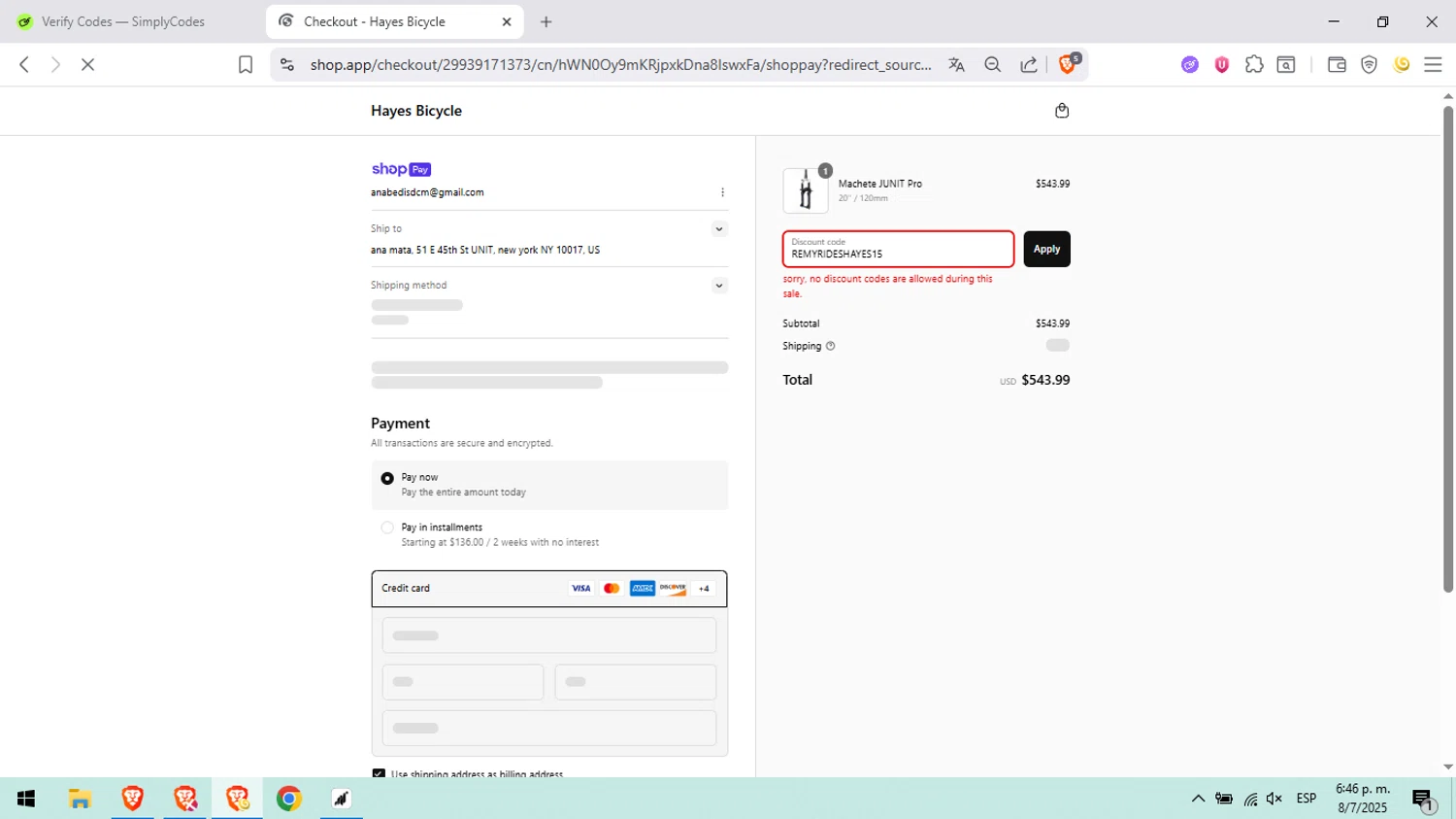Hayes discount code screenshot showing code REMYRIDESHAYES15 applied at Hayes checkout page. Uploaded by SimplyCodes community member anaoee on Jul 8, 2025