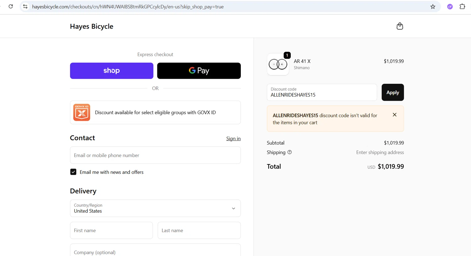 Hayes discount code screenshot showing code ALLENRIDESHAYES15 applied at Hayes checkout page. Uploaded by SimplyCodes community member CleverChaser8361 on Oct 24, 2025