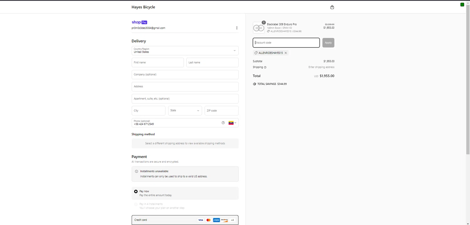 Hayes discount code screenshot showing code ALLENRIDESHAYES15 applied at Hayes checkout page. Uploaded by SimplyCodes community member JakePerrox on Apr 23, 2025