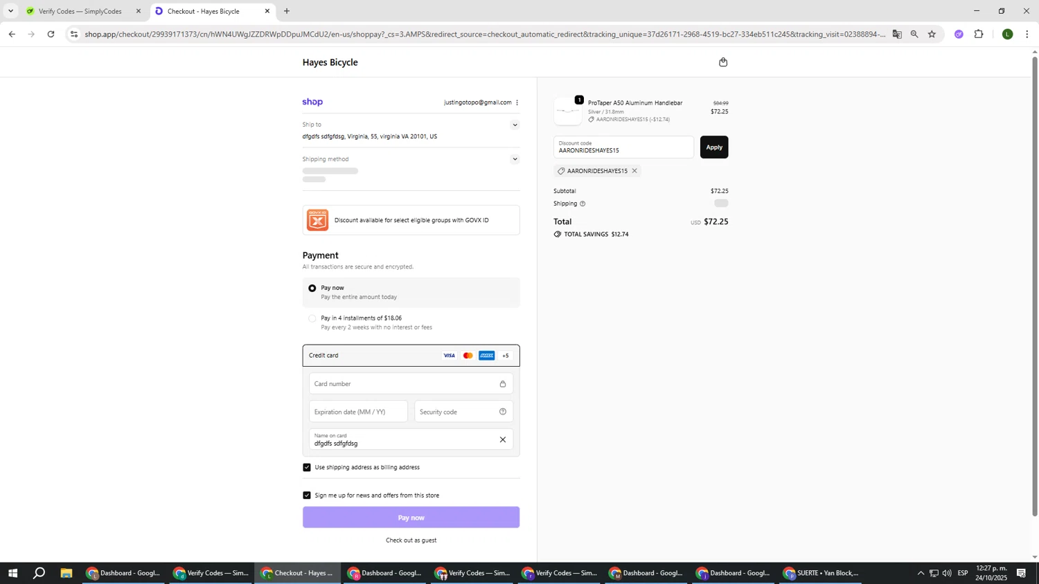 Hayes discount code screenshot showing code AARONRIDESHAYES15 applied at Hayes checkout page. Uploaded by SimplyCodes community member DUCATI on Oct 24, 2025