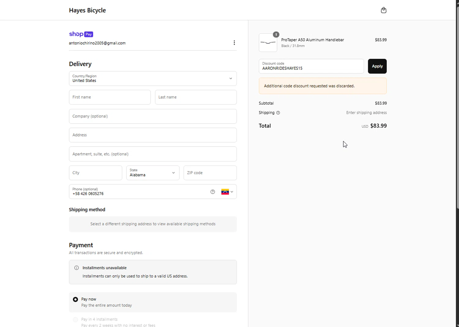 Hayes discount code screenshot showing code AARONRIDESHAYES15 applied at Hayes checkout page. Uploaded by SimplyCodes community member Hei201 on May 20, 2025