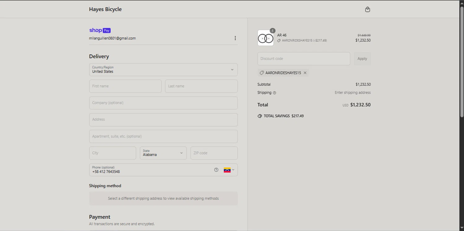 Hayes discount code screenshot showing code AARONRIDESHAYES15 applied at Hayes checkout page. Uploaded by SimplyCodes community member _Capi_ on May 20, 2025