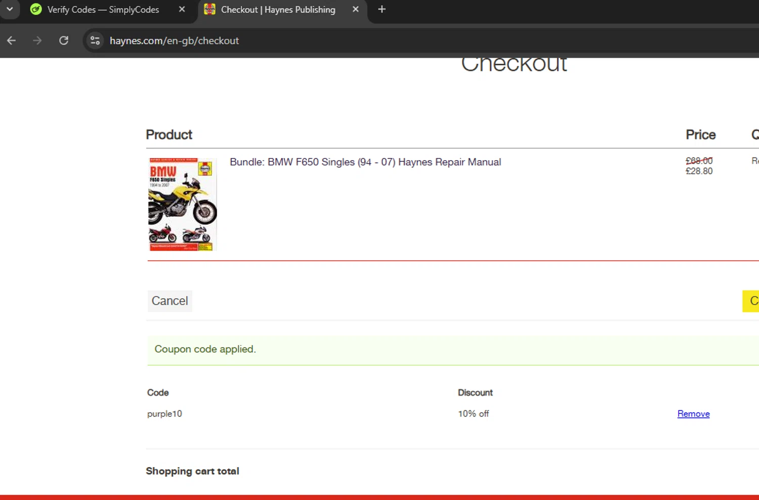 Haynes coupon code screenshot showing code PURPLE10 applied at Haynes checkout page. Uploaded by SimplyCodes community member Limon02 on Feb 21, 2025