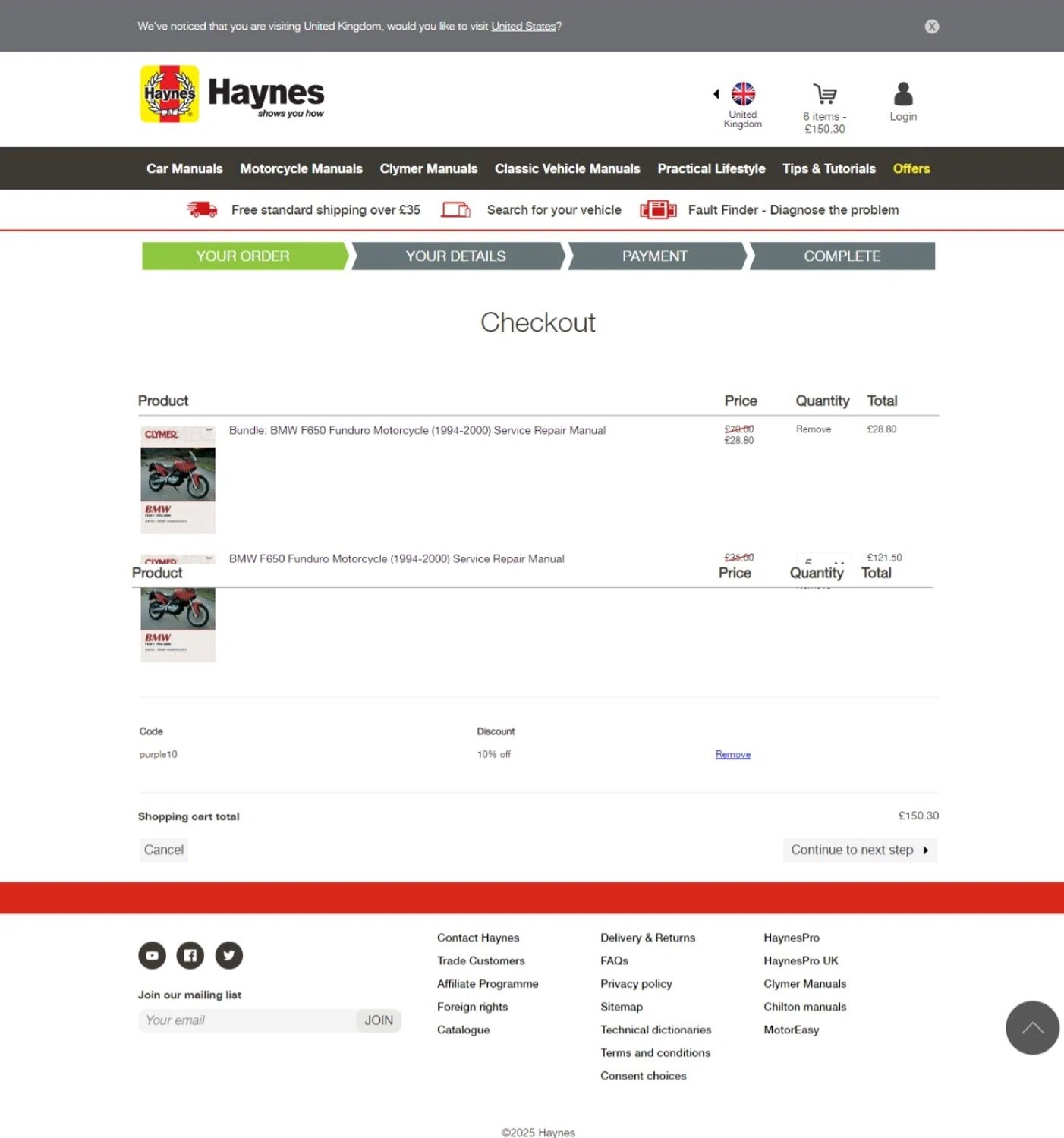 Haynes coupon code screenshot showing code PURPLE10 applied at Haynes checkout page. Uploaded by SimplyCodes community member Maylinlr on Jan 31, 2025