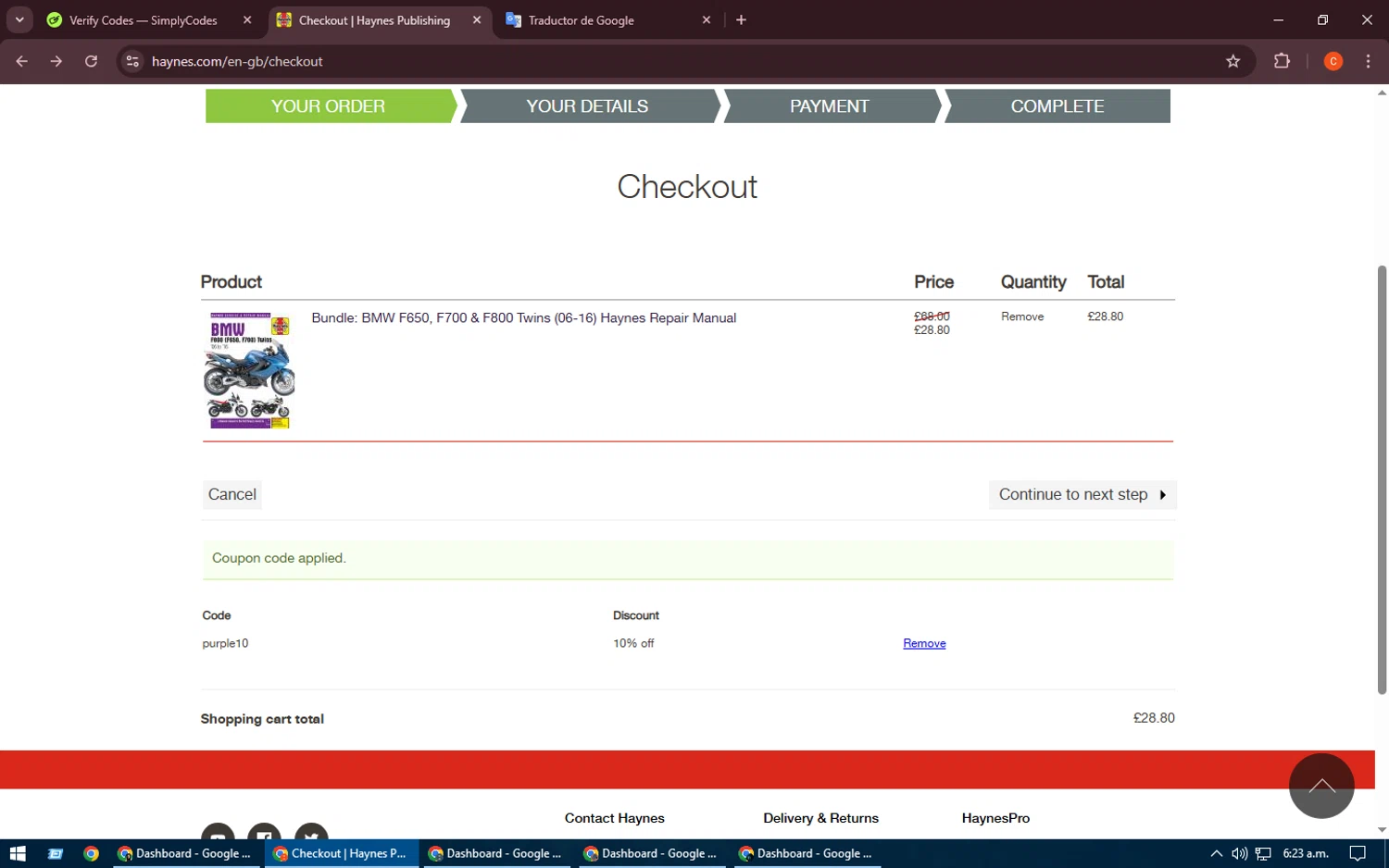 Haynes coupon code screenshot showing code PURPLE10 applied at Haynes checkout page. Uploaded by SimplyCodes community member RoyalHawk6408 on Mar 17, 2025