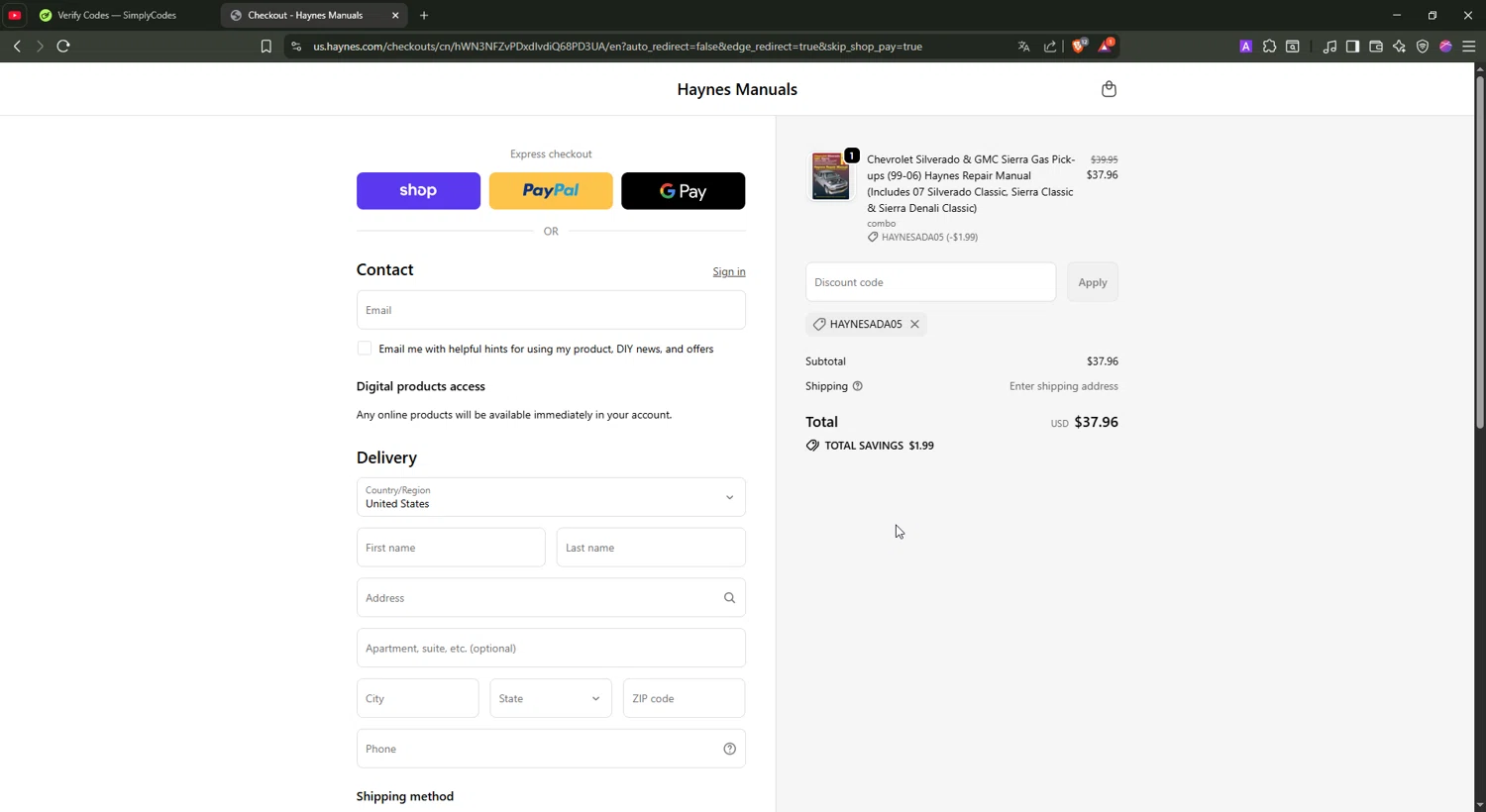 Haynes coupon code screenshot showing code HAYNESADA05 applied at Haynes checkout page. Uploaded by SimplyCodes community member BonusShopper4099 on Sep 25, 2025