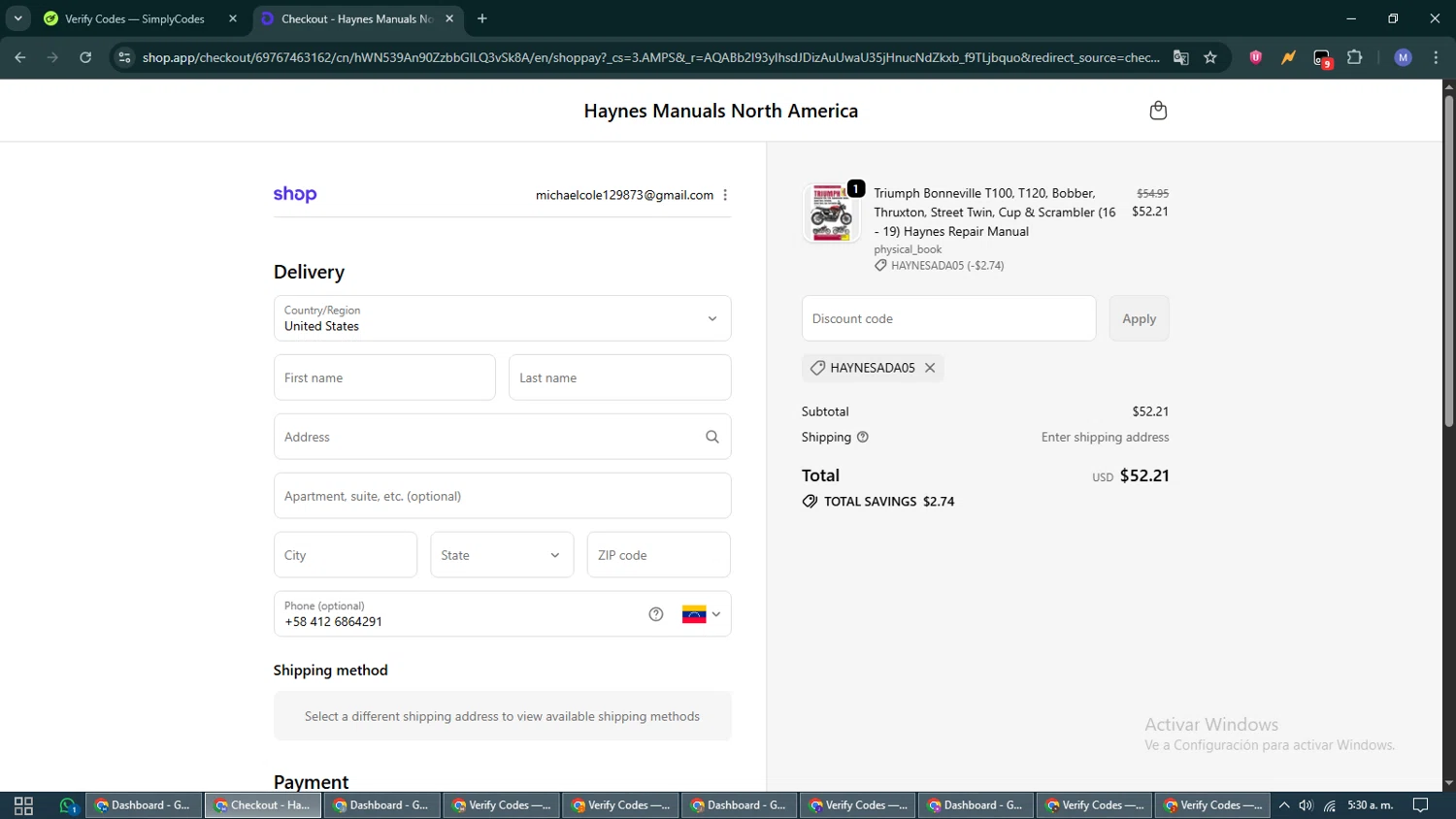Haynes coupon code screenshot showing code HAYNESADA05 applied at Haynes checkout page. Uploaded by SimplyCodes community member VoucherCurator824 on Nov 8, 2025