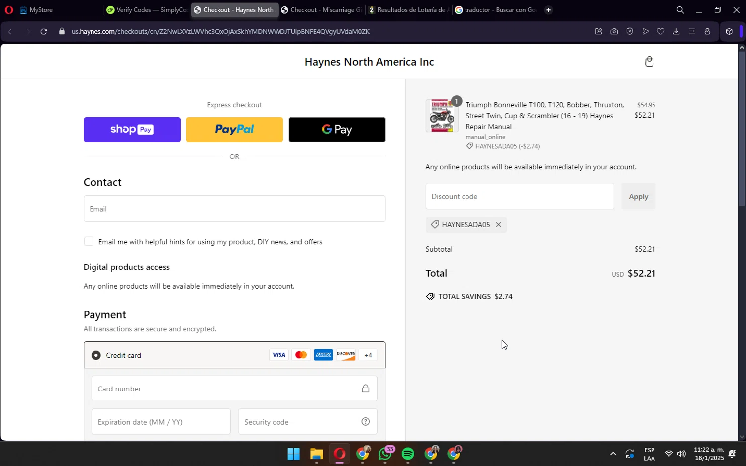 Haynes coupon code screenshot showing code HAYNESADA05 applied at Haynes checkout page. Uploaded by SimplyCodes community member wednesday on Jan 18, 2025