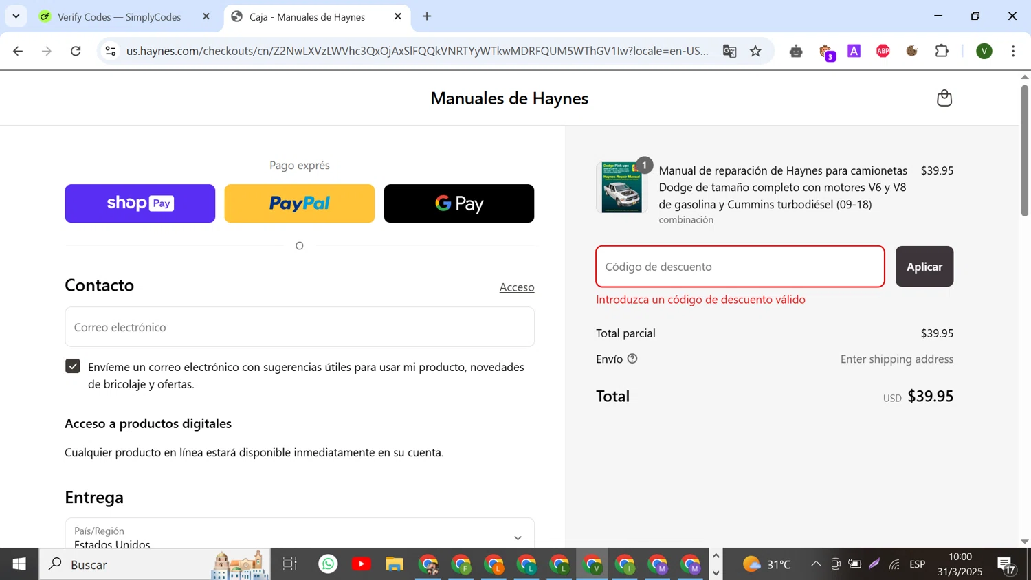 Haynes coupon code screenshot showing code marsave applied at Haynes checkout page. Uploaded by SimplyCodes community member SilverCollector8265 on Mar 31, 2025