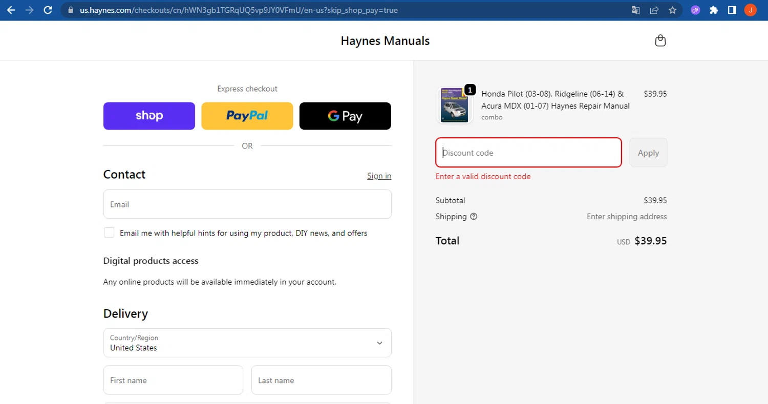 Haynes coupon code screenshot showing code SURVEY10 applied at Haynes checkout page. Uploaded by SimplyCodes community member FranquizJoel on Oct 3, 2025