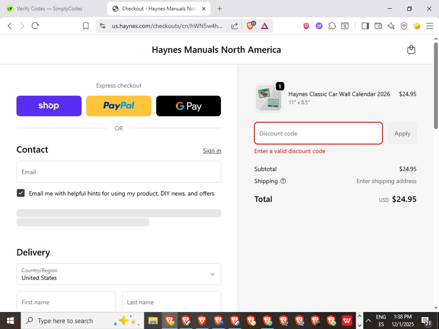 Haynes coupon code screenshot showing code CLASSIC15 applied at Haynes checkout page. Uploaded by SimplyCodes community member QuestWarden1268 on Dec 1, 2025
