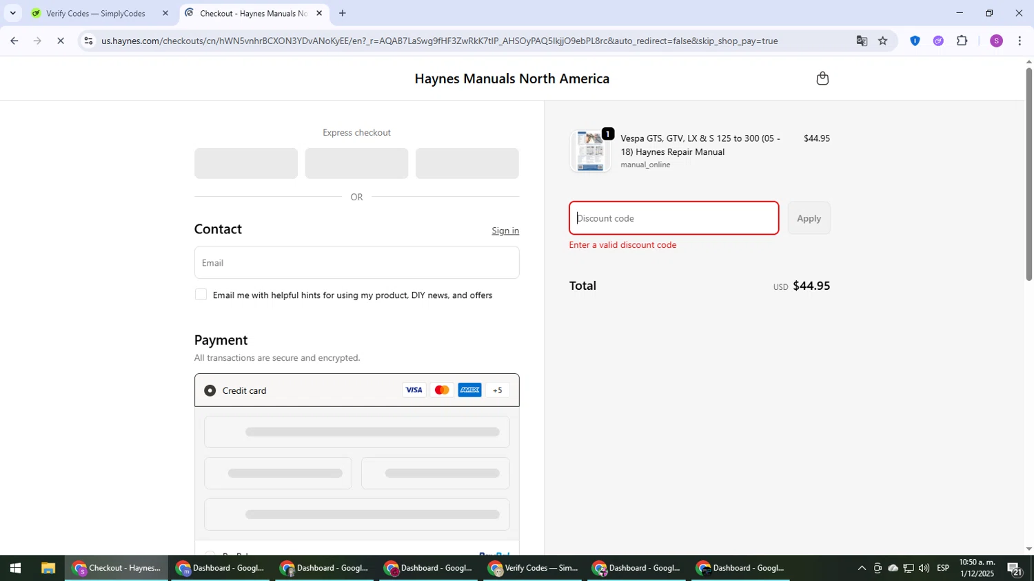 Haynes coupon code screenshot showing code CLASSIC15 applied at Haynes checkout page. Uploaded by SimplyCodes community member Son_Goku on Dec 1, 2025