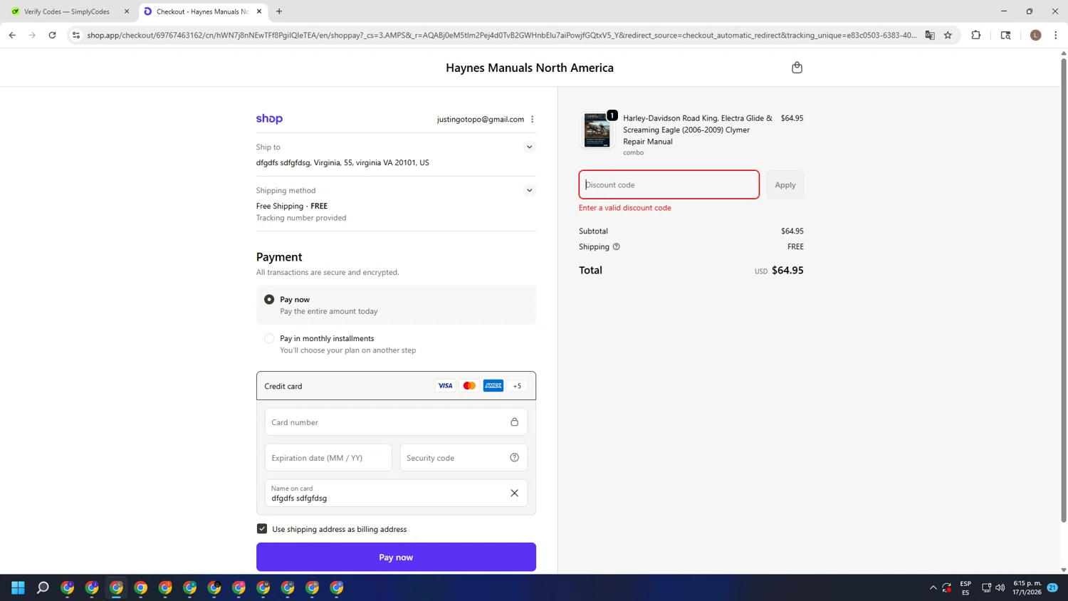 Haynes coupon code screenshot showing code 2026HALFOFF applied at Haynes checkout page. Uploaded by SimplyCodes community member BENELLI on Jan 17, 2026