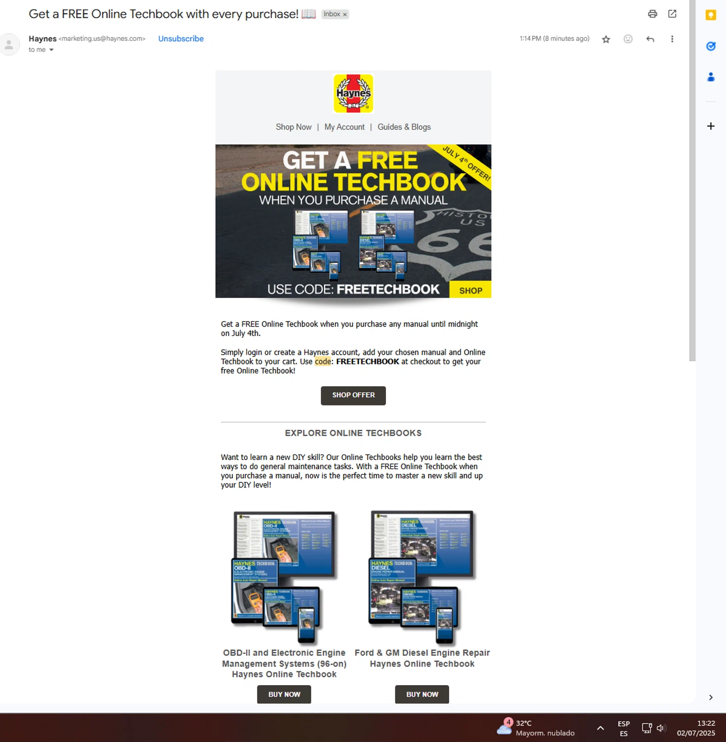 Haynes coupon code screenshot showing code FREETECHBOOK applied at Haynes checkout page. Uploaded by SimplyCodes community member UnkNownVnzla on Jul 2, 2025